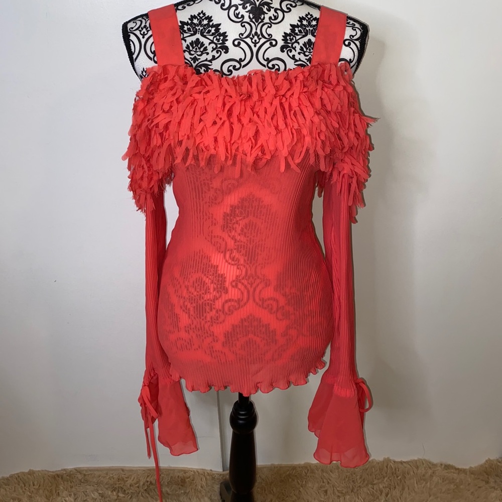 Off-Shoulder Coral Fringe Long-Sleeve Blouse